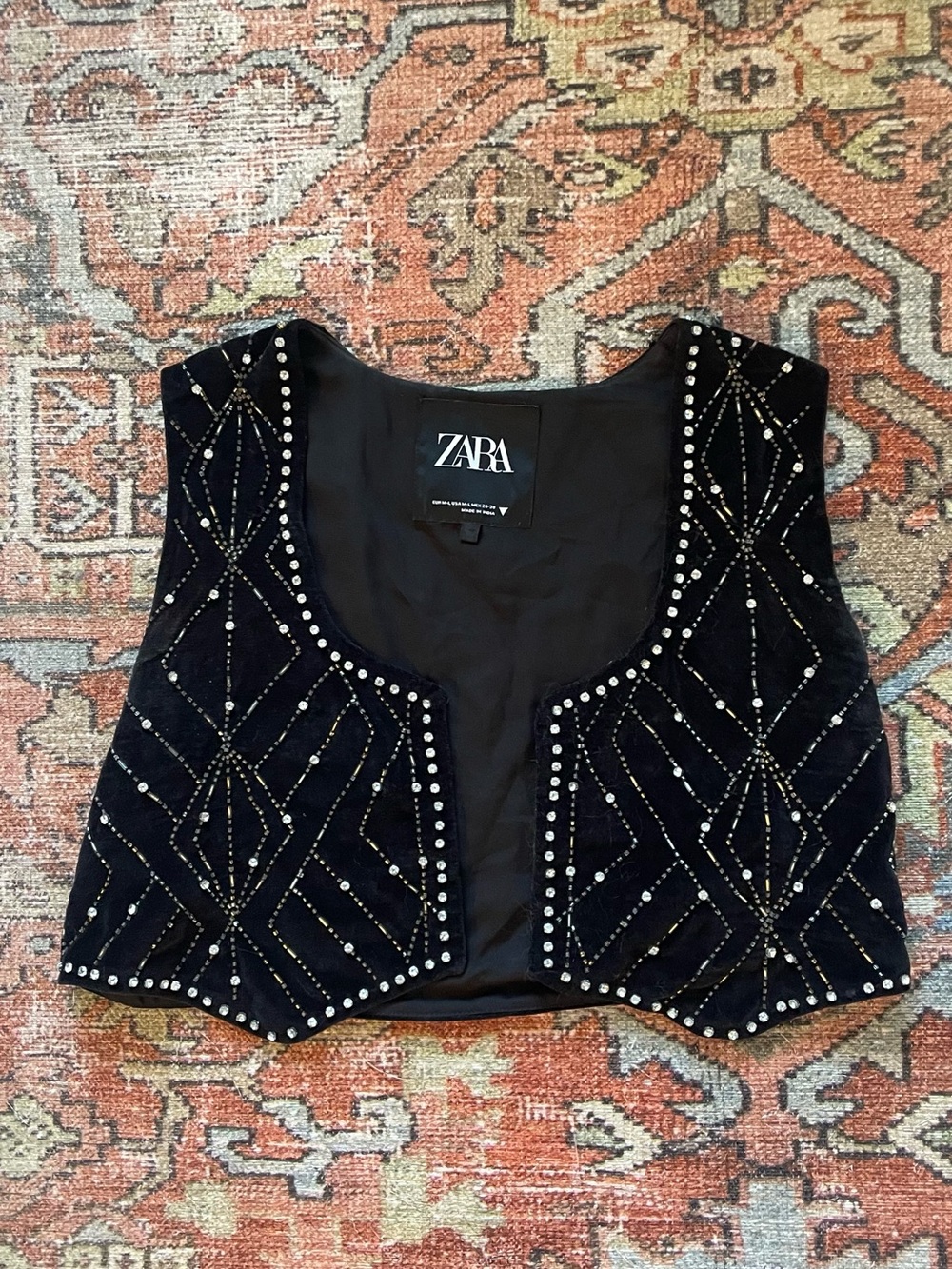 ZARA Black Velvet Embellished Crop Vest